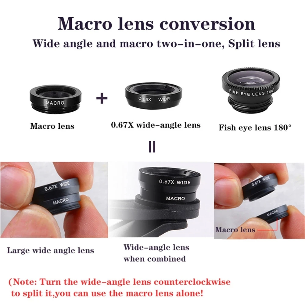 3in1 Fisheye Lens Phone Lenses 0.67x Wide Angle Zoom Macro Lens Camera Kits With Clip Lens On The Phone Lens for Smartphone iPad