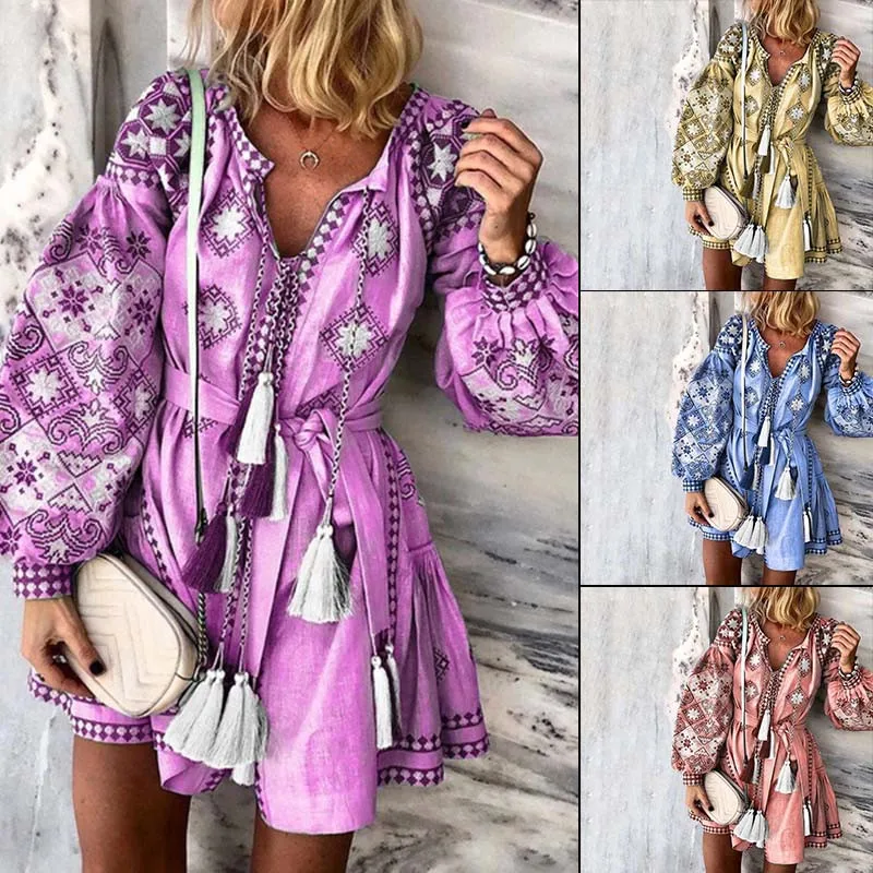 

2020 NEW Women Autumn Sexy Bohemian Style Long Sleeve Printed V-neck Tassel Lace Up Loose Dress Female Majuer Vestidos