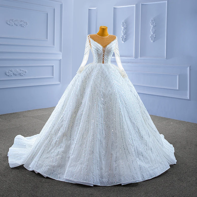 RSM67382 2022 Luxury Wedding Gown For Bride 2021 Shiny Pearl Long Sleeve O Neck Boho Wedding Dress блестящее свадебное платье 4
