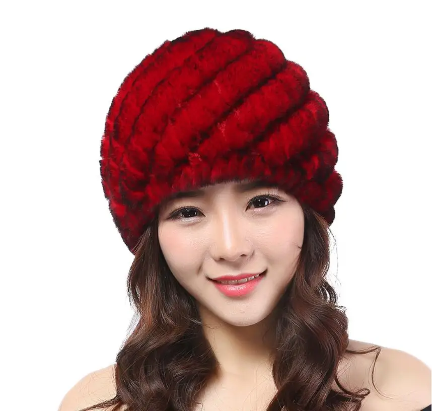 YC Fur классический стиль женские зимние шапки шапочки теплые вязаные натуральный мех кролика рекс бини зимняя теплая шапка из натурального меха женская шапка - Цвет: RED