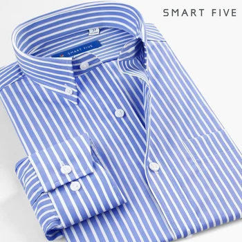 

Smartfive Men Business Occupation Shirt Blue White Stripes Grain Pure Cotton Anti-wrinkle Slim Fit Shirt Male Long Sleeve Thin