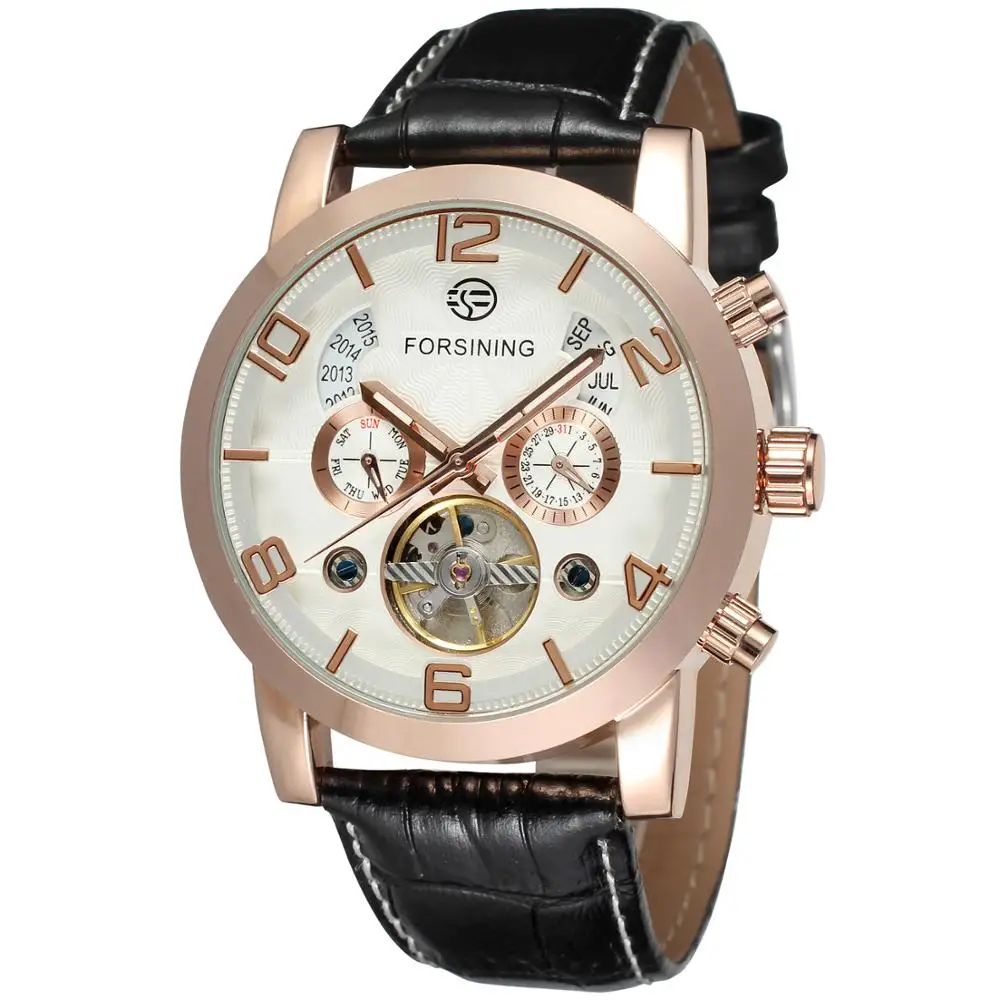 

Forsining Top Brand Tourbillion Fashion Watch Rose Golden Clock Multi Function Display Mens Leather Automatic Mechanical Watches