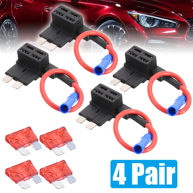

4 Pair 12V Fuse Holder Add-a-circuit TAP Adapter Standard Ford ATM APM Blade Auto Fuse with 10A Blade Car Fuse
