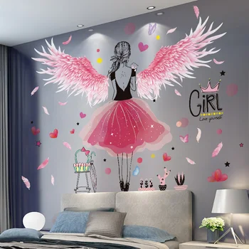 

[shijuekongjian] Pink Feathers Wing Wall Stickers DIY Cartoon Girl Wall Decals for Kids Rooms Baby Bedroom House Decoration