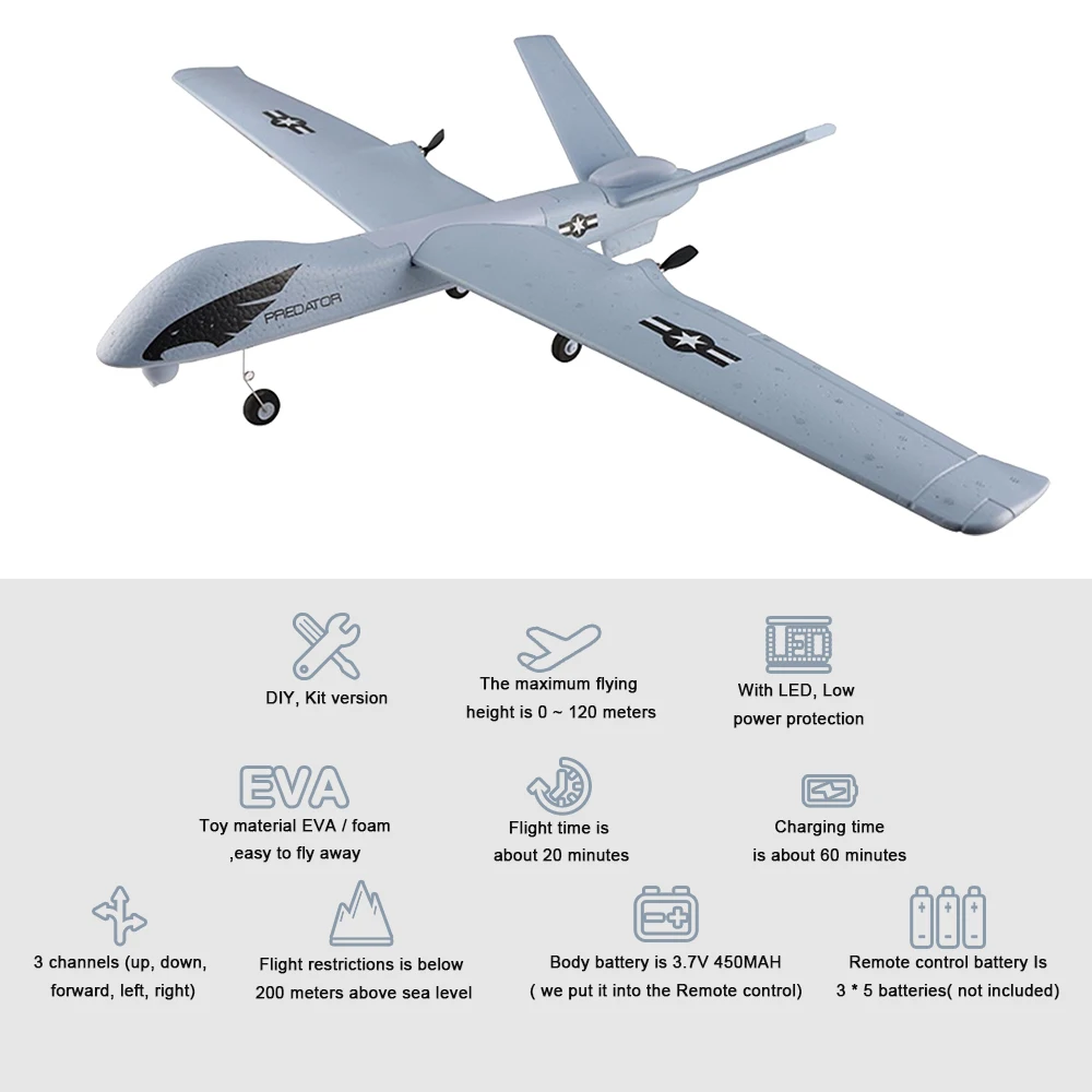 Flying Model Gliders RC Plane 2.4G 2CH Predator Z51 Remote Control RC Airplane Wingspan Foam Hand Throwing Glider Toy Planes Flying Model Gliders RC Plane 2.4G 2CH Predator Z51 Remote Control RC Airplane Wingspan Foam Hand Throwing Glider Toy Planes