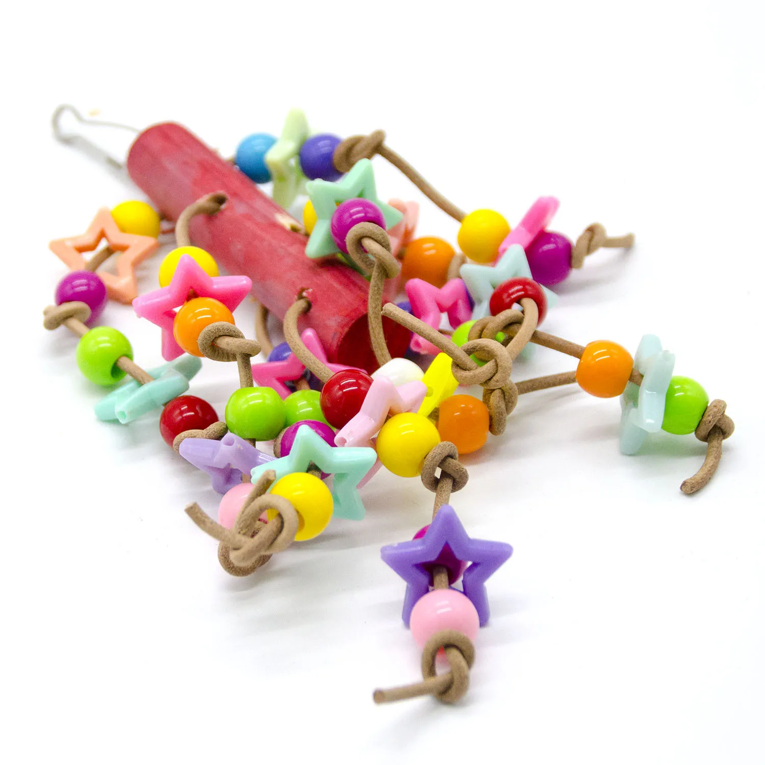 1PCS Parrot Toy Bird Toy Cowhide Rope Colored Wooden Stick Five-pointed Star Acrylic Nibble String Four Colored Beads
