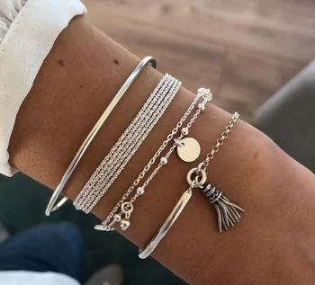 

4 Pcs/set Women Bracelets Personality Silver Multilayer Chain Disc Tassel Bangle Bracelet Set Fashion Party Jewelry Accessories