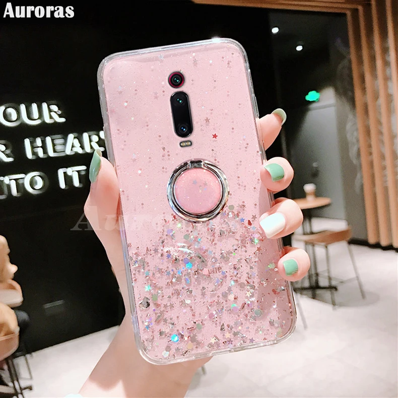 Pink (With Ring) Auroras для Red mi K20 Pro Блестящий блестящий чехол с блестками для Xiaomi mi 9T прозрачный мягкий чехол со звездным небом полный Чехол со звездами и Луной - Цвет: Pink (With Ring)