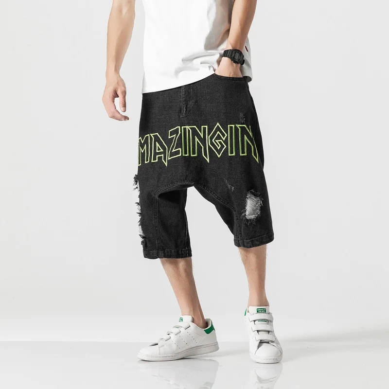 

iiDossan Distressed Denim Shorts Men Jeans Casual Letter Printed Shorts Men Summer Fashion Cross Pants Breathable Tearing Denim