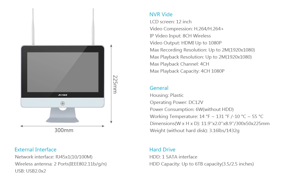 ANNKE 8CH 1080P FHD беспроводная система безопасности видео 12 дюймов ЖК-экран NVR 4 шт. 2MP Пуля IP камера Открытый комплект системы охранного видеонаблюдения