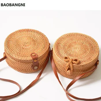 

Vintage Handmade Women Rattan Bag Woven Bow Shoulder Bags Beach Straw Bag Messengers