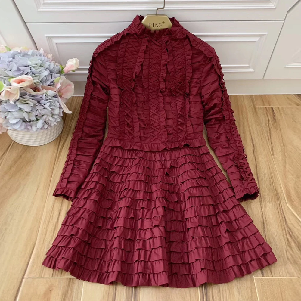 

Red RoosaRosee Designer Women Autumn Stand Long Split Sleeve Cotton Mini Dress Elegant Ruffle Female Party New Vestidos Dresses