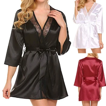 

Hot Sexy Erotic Thin Transparent Robe Dress Women Pajamas Solid Sleepwear Faux Silk Home Wear Lace Nightdress Underwear Lingerie