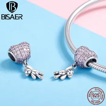 

BISAER Hot Fashion 925 Sterling Silver Original Love Heart Bears Pink CZ Crystal Beads Charms Fit Charm Jewelry Making HSC1054
