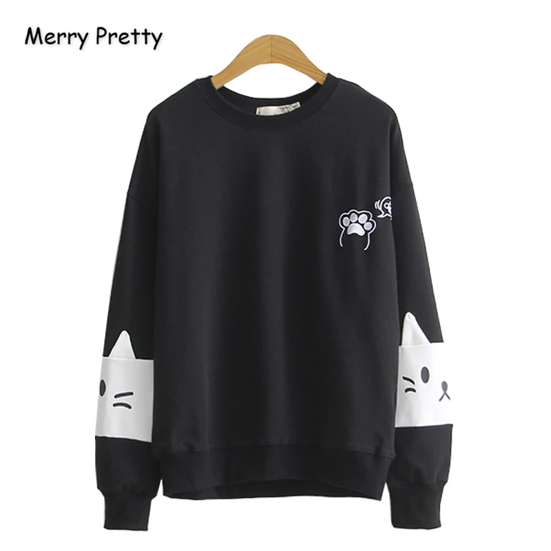 Merry Pretty Хлопковые женские толстовки с капюшоном с принтом кота из мультфильма Harajuk Зимний спортивный костюм с капюшоном и длинным рукавом милый пуловер