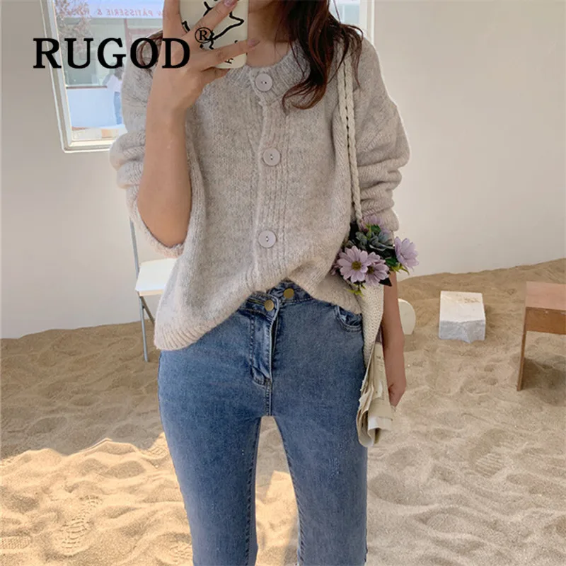 RUGOD корейский стиль Шикарный однотонный кардиган с круглым вырезом свободный свитер Simplee Зимние Топы для женщин Мода