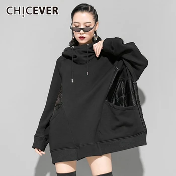

CHICEVER Patchwork PU Leather Sweatshirt Women Hooded Long Sleeve Oversize Thick Lace Up Korean Sweatshirts Female Clothes 2020
