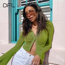 DFLlifes Button Long Sleeve Women's T-shirt Flared Sleeves Colorful Woman Clothes Slim Sexy Club Solid Spring Fashion Tops 2022