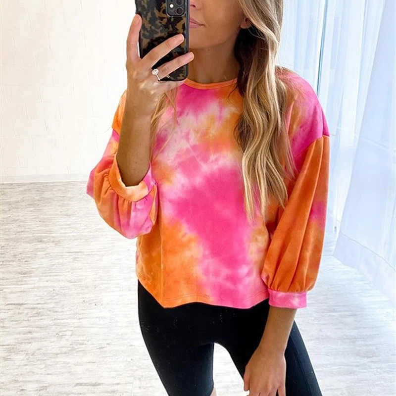 

Green Tie-dyed O neck Woman Sweatershirt Print Loose puff Sleeve Cotton Casual Female Tops Summer Outdoor 2020 Pink Lady tops