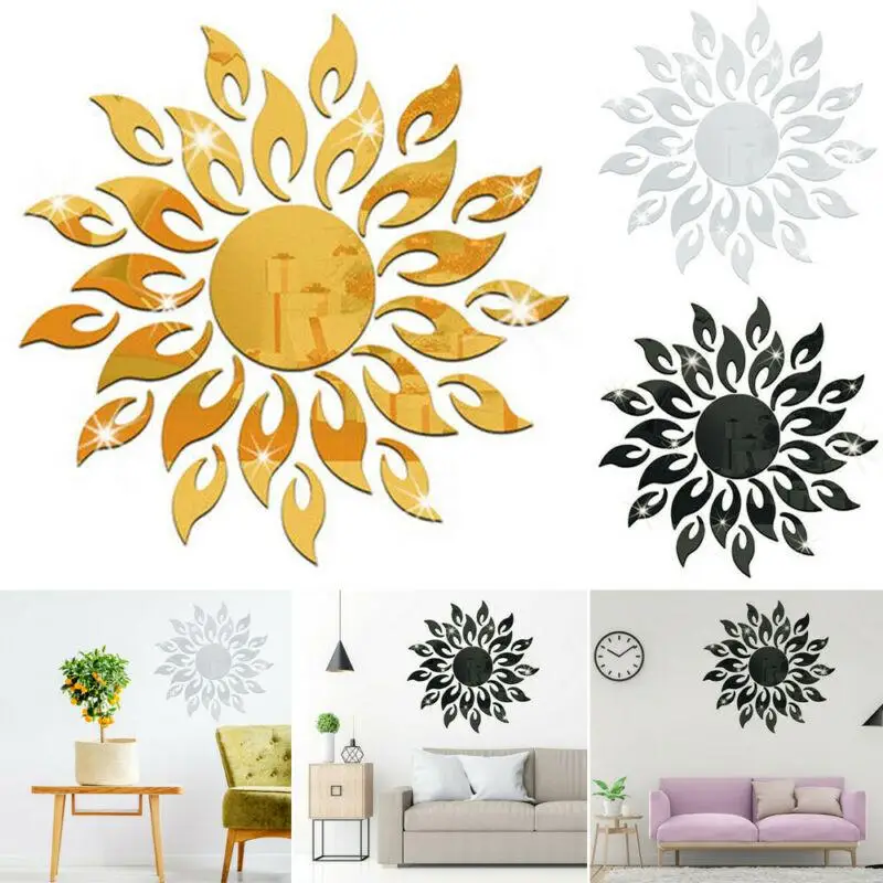 

3D Sunflower Shape Mirror Stickers Art Mural Decal Removable Living Room Home Background Decoration Self-Adhesive Wall Stickers