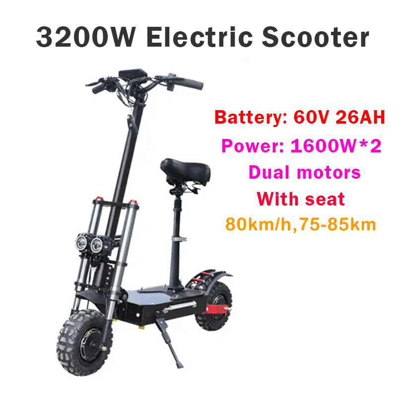 60V 26A 3200W Seat 3200 в мощный электрический скутер 80 км/ч двойной мотор дорожные шины и внедорожные шины электрический скейтборд складной Adulto E скутер - Цвет: 60V 26A 3200W Seat