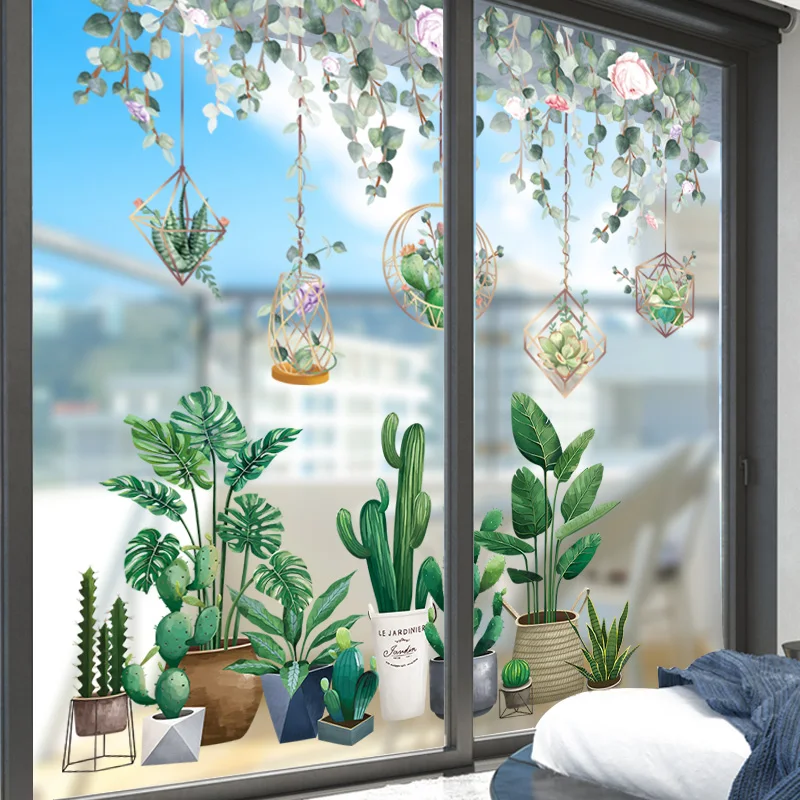 

[shijuekongjian] Green Plant Leaves Wall Stickers DIY Potted Culture Mural Decals for Living Room Kitchen Home Decoration