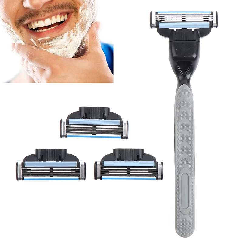 4pcs Razor Blade With 1 Razor Handle Cassette Shaving Blade For Men Face 4-Layer Blades Compatible For Mache 3 Machine
