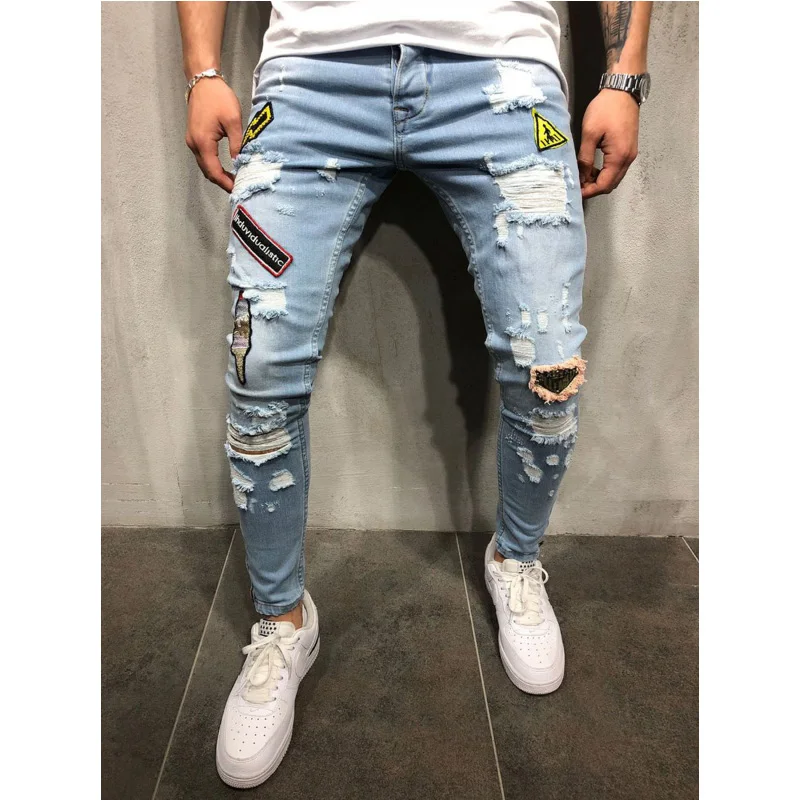 New Men's Fashion Hole Repair Slim Trend Jeans Scratches High Quality Jeans Stretch Hollow Tight Riding Patch Print Jeans