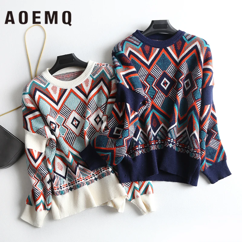 Tanie AOEMQ zimowy ciepły sweter kobiet O Neck Folk Punk Patchwork nieregularny wzór sweter kobiet topy odzież na boże narodzenie