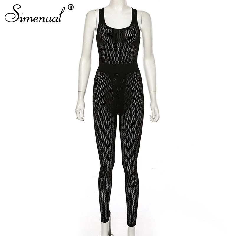 Simenual, спортивная одежда для активного отдыха, Женский комплект из 2 предметов, прозрачные тренировочные костюмы без рукавов, боди и штаны, комплекты черного цвета - Цвет: black