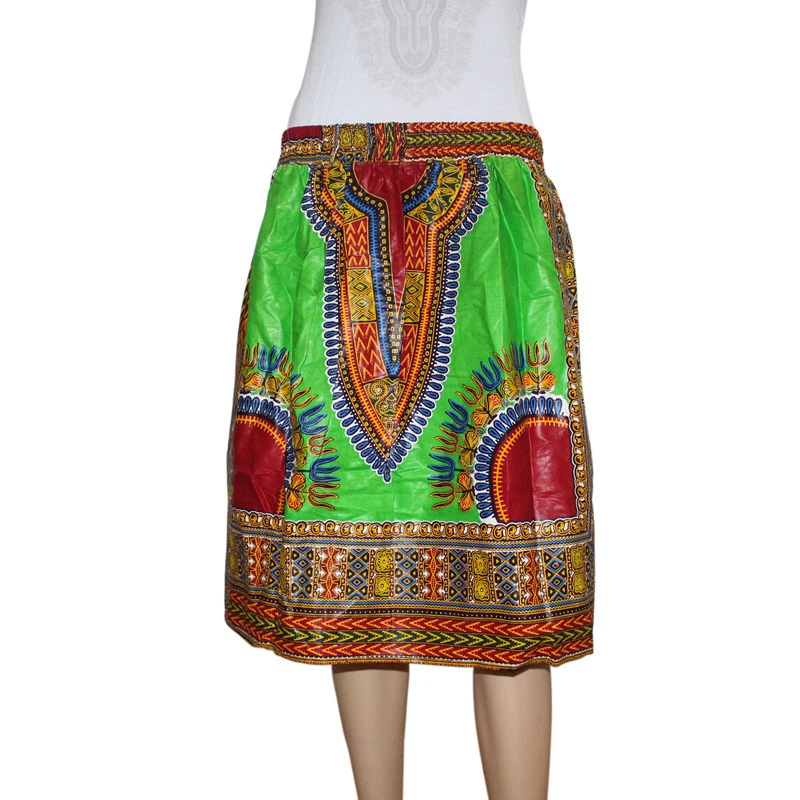 Винтажная плиссированная Бохо юбка до колена миди Saias Jupe Femme Dashiki Африканская Хлопковая восковая юбка с принтом - Цвет: Зеленый