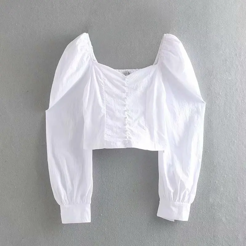 

CS927 European Vintage Square Neck Long Sleeve Back Elastic Buttons Deco Long Sleeve White Blouse Tops