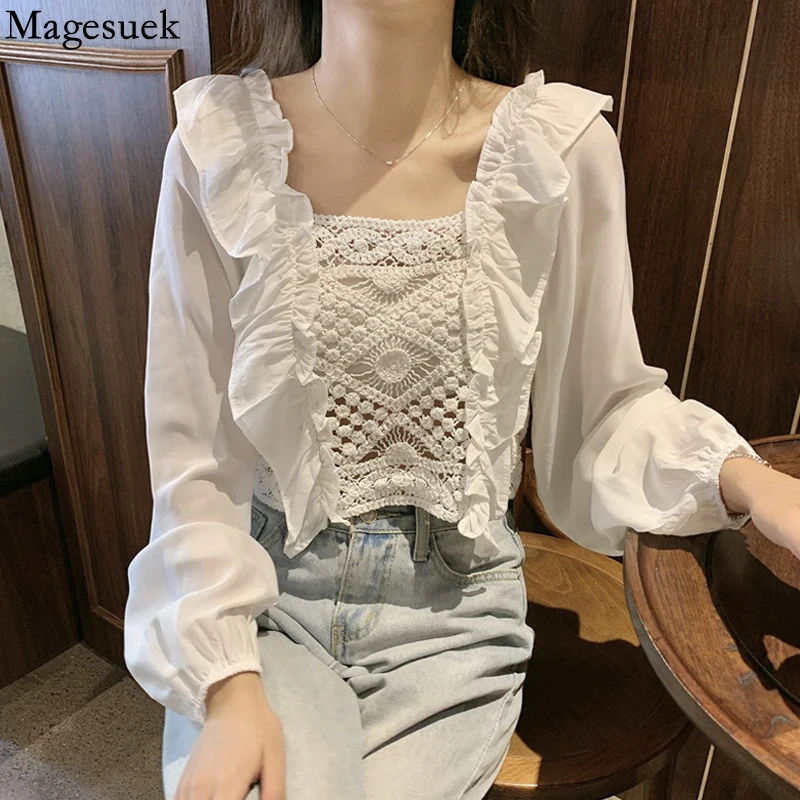 Blusa informal encaje con manga para Primavera, camisa blanca calada con diseño de telas combinadas con volantes, cuello cuadrado, 17273 AliExpress Ropa de mujer