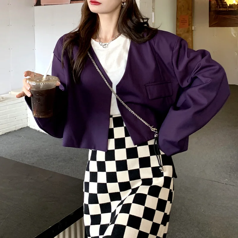 

Женский укороченный блейзер с карманами, элегантный тонкий повседневный пурпурный пиджак в Корейском стиле, уличная одежда с длинными рукавами, осень