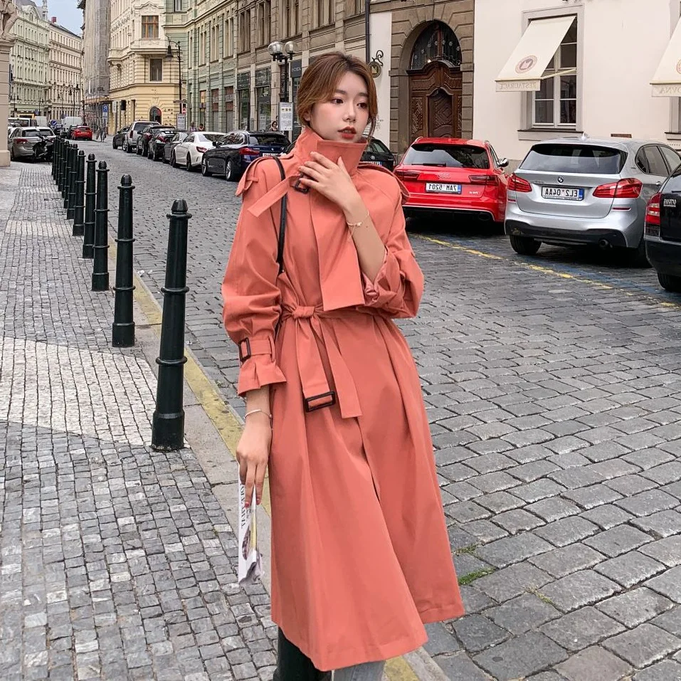 

Photo Shoot CHIC Pastoral Style Elegant Ol Khaki Mid-length Suit Collar Waist Hugging Lace-up Big Hemline Trench Coat Women's