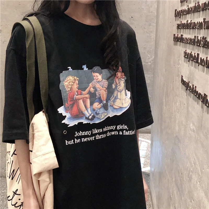 Летняя Винтажная футболка с надписью ulzzang, большой размер, Свободный Топ с короткими рукавами, Harajuku, Забавный принт с героями мультфильмов, повседневная женская футболка с круглым вырезом