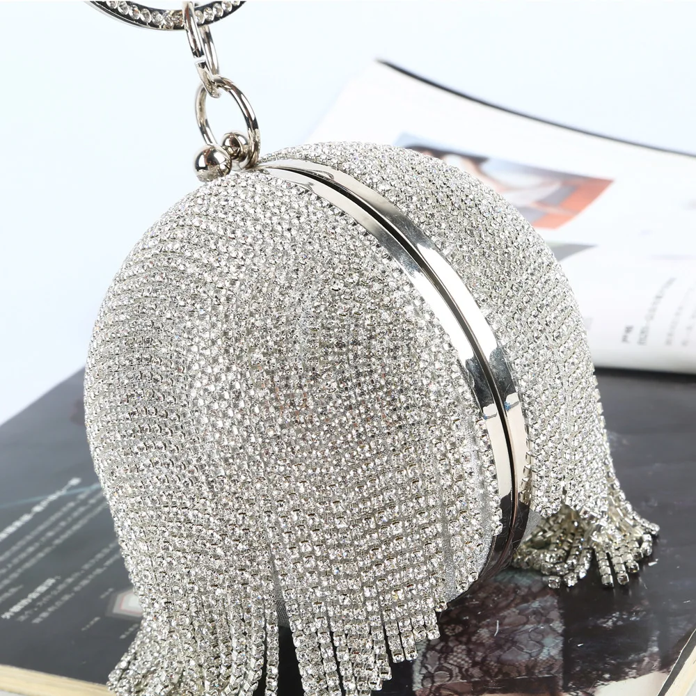 

Spherical Evening Bag Cross Border Man-made Diamond Evening Bag Banquet Carrying Bag Lady Fringe Tape Bracelet Party Banquet Bag
