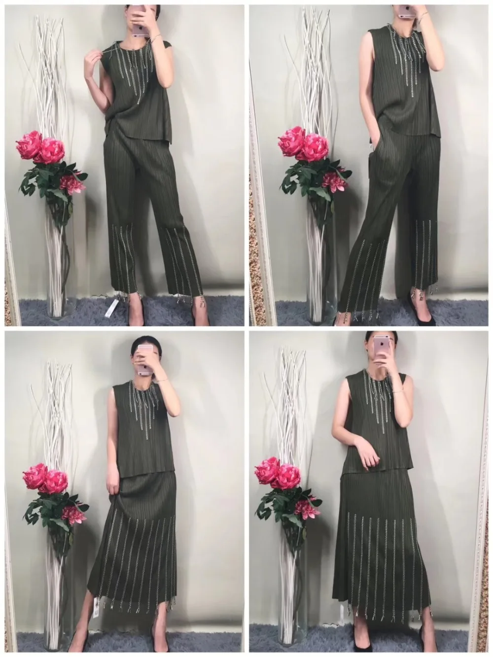 Miyake fold модное пальто с длинными рукавами и круглым вырезом+ однотонные штаны костюм из двух предметов с кисточками