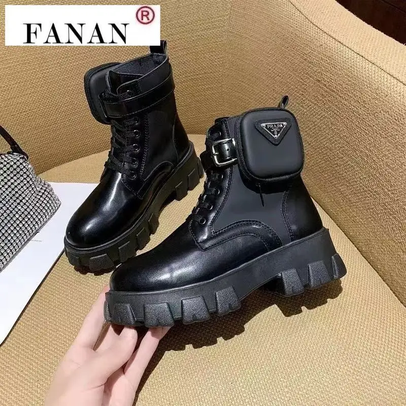Botas de cuero de suela gruesa para mujer, botines informales con cordones, para otoño e invierno, 2021