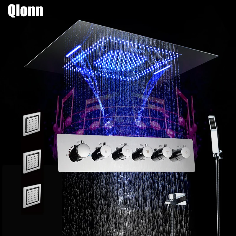 

LED Music Rectangle Shower Head Spray Waterfall Rainfall Bathroom Thermostatic Brass Shower Faucets Unit Speaker Shower Set