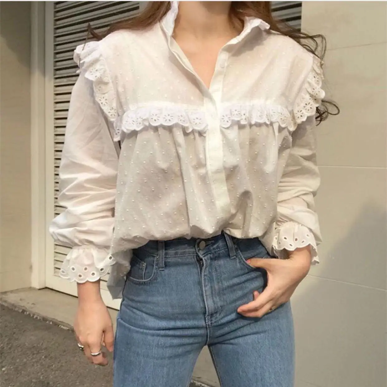Фея леди Ruched кружева подол Лоскутная Блузка Kawaii весна осень Лолита Женская рубашка Топ Chemise Femme Chemisier Blusa Mujer