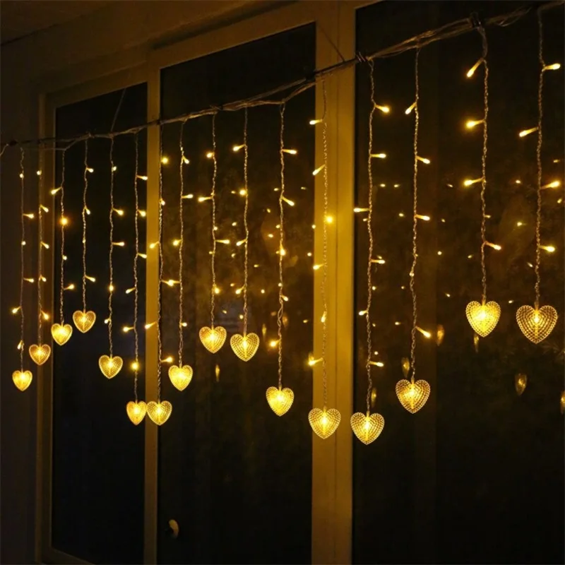 Christmas LED Heart Curtain Lights Icicle Fairy Garland String Lights for Home Party Garden Holiday Xmas Decoration Romantic - Испускаемый цвет: Warm