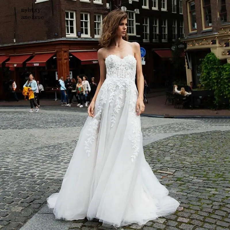 

Sexy Simple Boho Wedding Dress 2023 Sweetheart Lace Appliques Tulle Ivory Wedding Gowns Princess Bridal Dress Vestido De Noiva