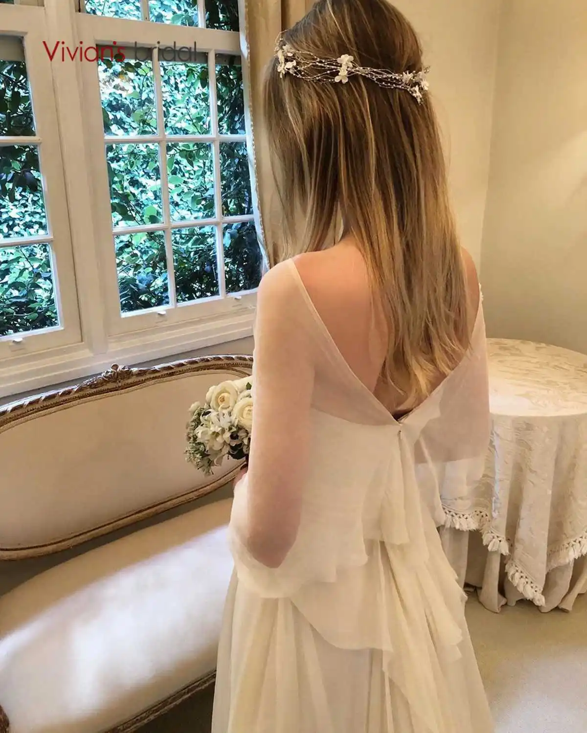 Vivian's Bridal элегантное многослойное свадебное платье со шлейфом, сексуальное свадебное платье с двойным v-образным вырезом и рукавом летучая мышь, мягкое Тюлевое платье для девочек