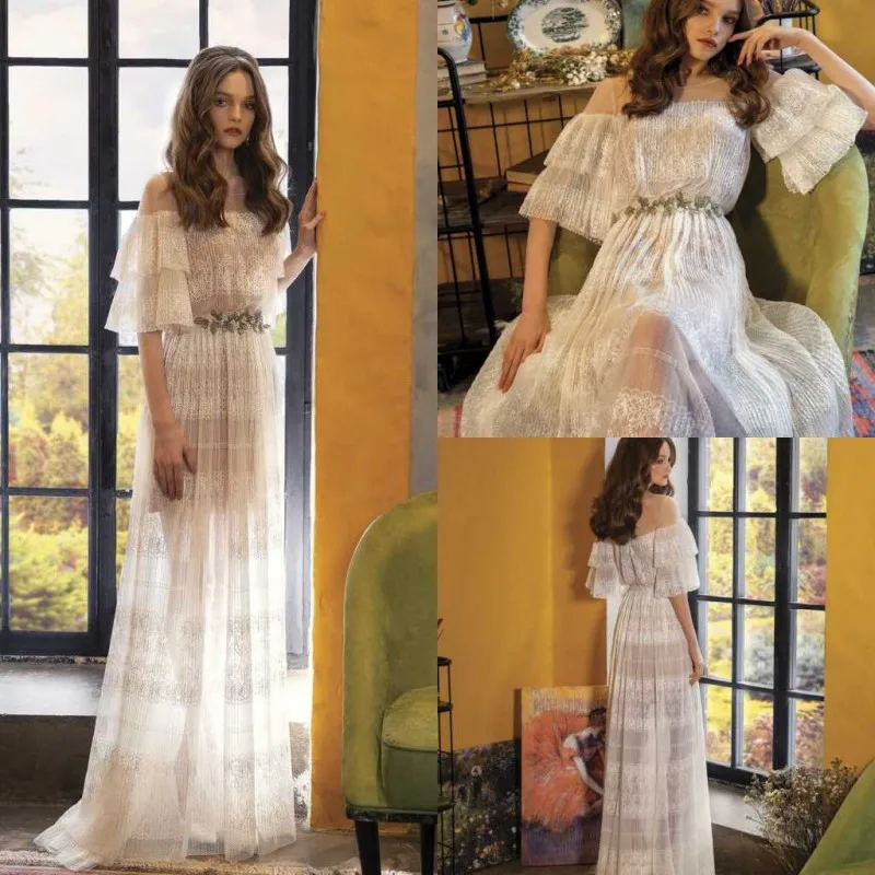 

2021 Wedding Dresses O-Neck Short Flare Sleeves Full Lace Appliques Bridal Gowns Gorgeous Back Sweep Train A Line Wedding Dress