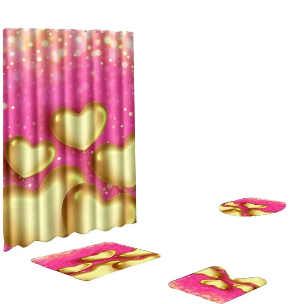 

4 Pcs Love Heart Pattern Non Slip Toilet Polyester Cover Mat Set Bath Rug Mat Set Bathroom Accessories Shower Curtain Set