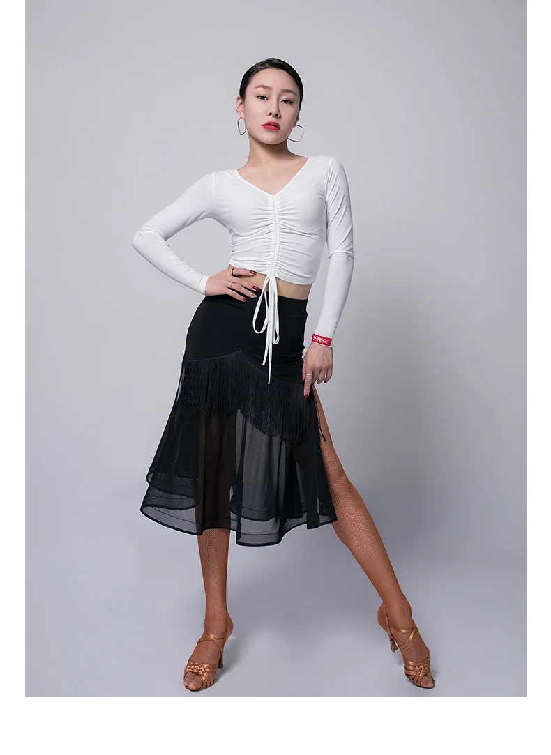 Костюм для латинских танцев для женщин, белая/черная сетчатая юбка с бахромой для тренировок, женский костюм для самбы, одежда для сцены VO307