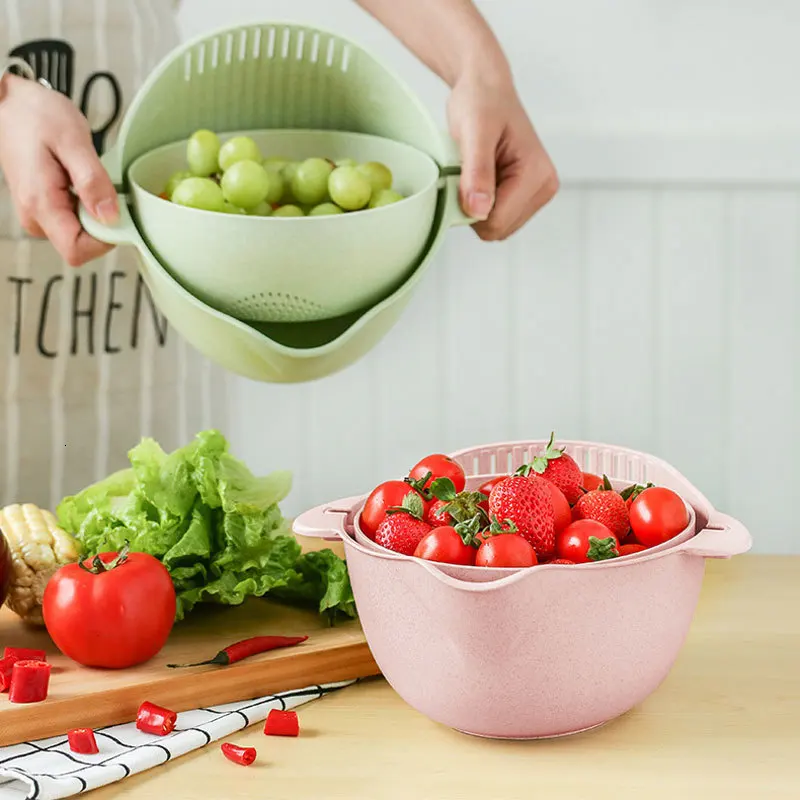 

Plastic multifunctional drain basket double-layer washing rice sieve wheat straw kitchen tool gift basket storage basket Gadgets