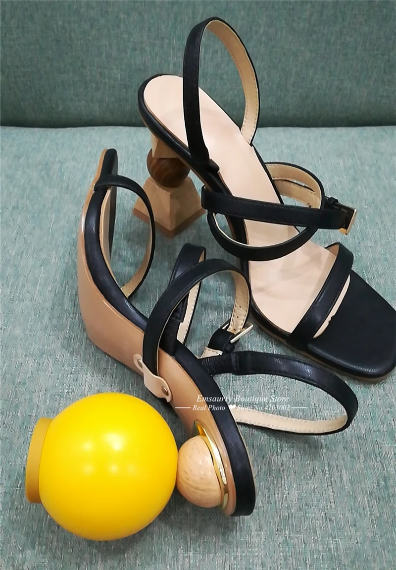Модные геометрические блоки; женские Босоножки на каблуке; Цвет Черный; с открытым носком; на необычном высоком каблуке; с узким ремешком; Летние сандалии-гладиаторы