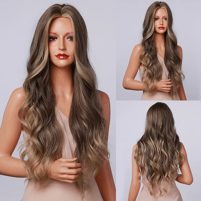 HENRY MARGU Dark Brown Wave Wigs Long Synthetic Wavy Natural Hair Temperature Wigs For Black/White Women Daily Cosplay Wigs LC5104-1